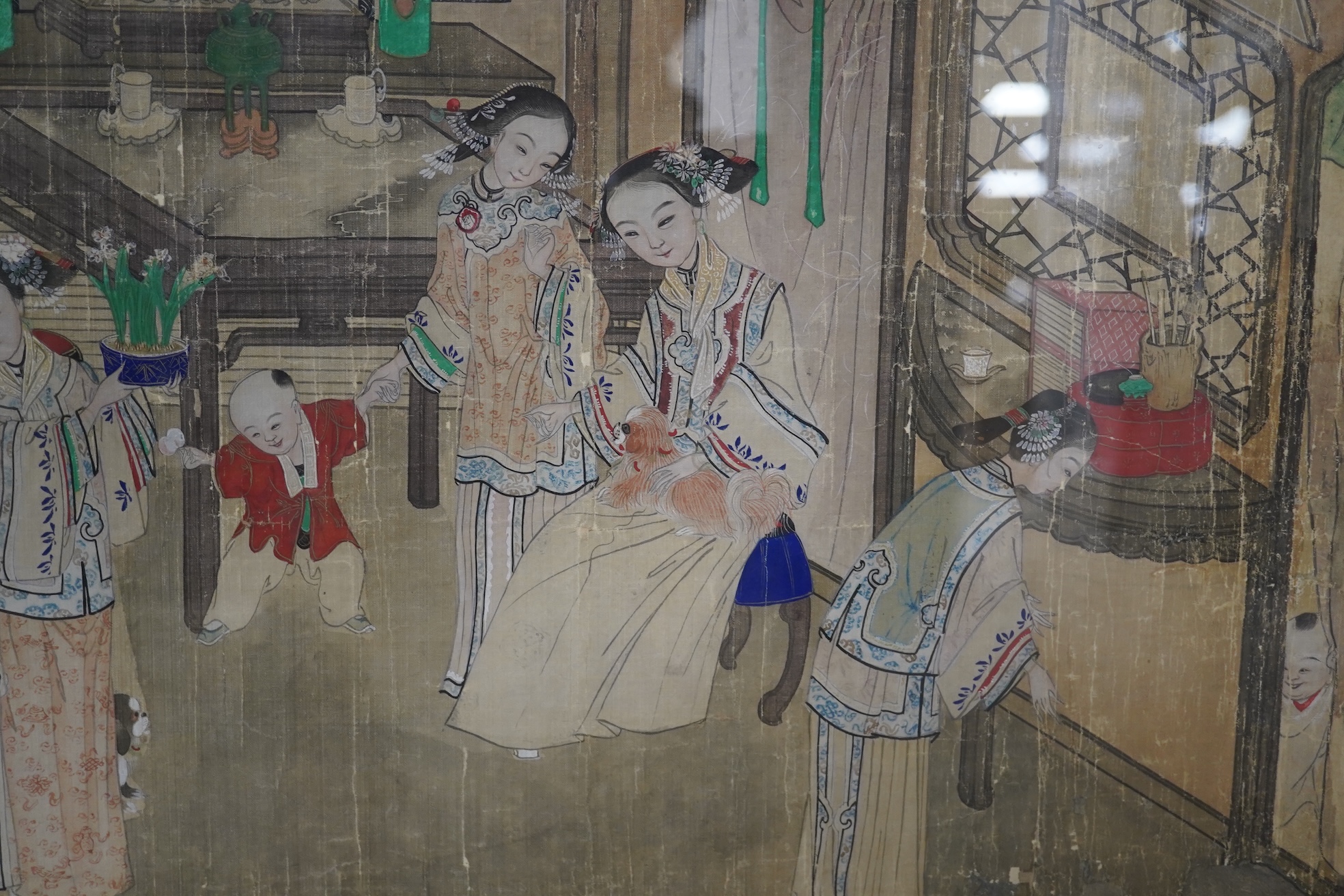 19th century, Chinese School, watercolour on silk, Interior scene with women and children, unsigned, 45 x 63cm. Condition - poor